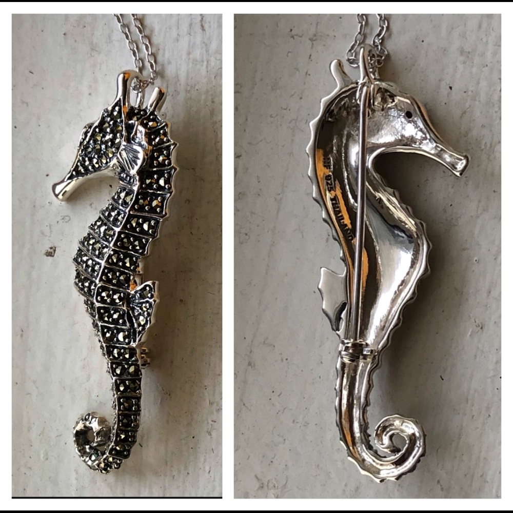 Sterling Marcasite Garnet Seahorse Brooch Pendant